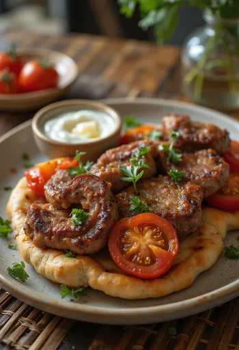 Iskender kebab sült paradicsommal joghurtos fokhagymás öntettel és pirított pitával tálalva