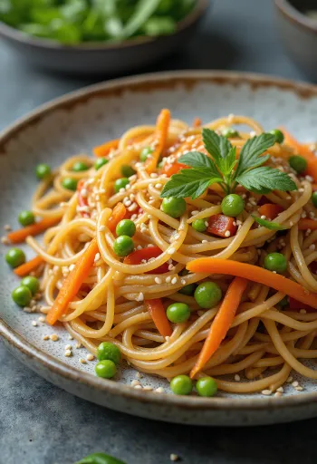 Japchae zöldségekkel tálalva, édesburgonya tésztával és zöldségekkel
