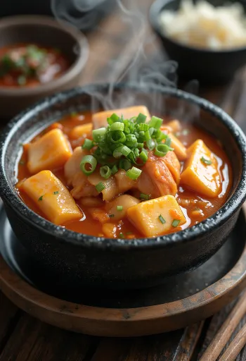 Kimchi jjigae tálalva, tofuval, zöldségekkel és kimchivel, friss zöldhagymával