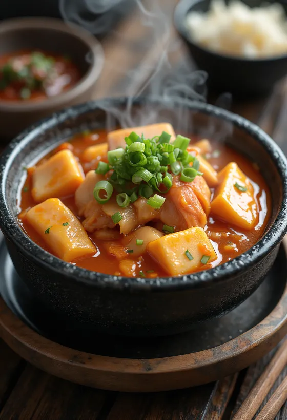 Kimchi jjigae tálalva, tofuval, zöldségekkel és kimchivel, friss zöldhagymával