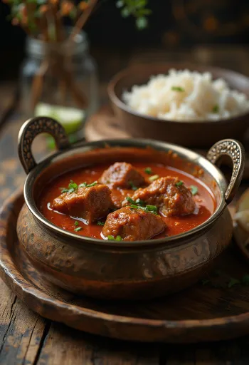 Klasszikus Rogan Josh, bárányhússal és fűszeres szószban tálalva