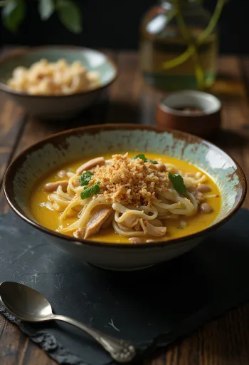 Laksa Tangerang, kókuszos csirke leves rizstésztával és friss fűszerekkel tálalva