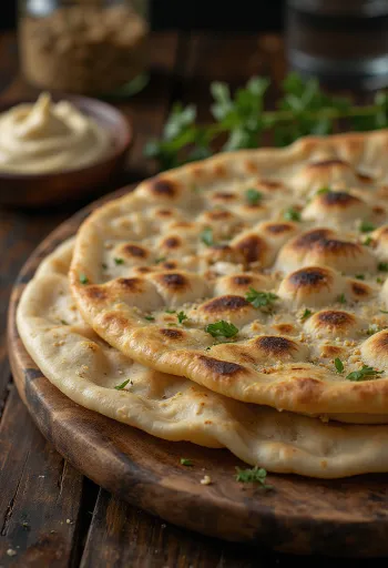 Vékony, hajlékony lavash lepénykenyér hummusszal tálalva
