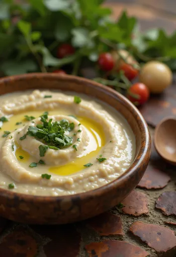 Mentás tahini mártás egy tálban, friss mentával díszítve.