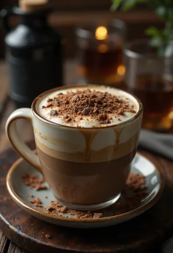 Mézes-csokoládés latte krémes kávéital tejszínhabbal és csokoládéforgáccsal díszítve