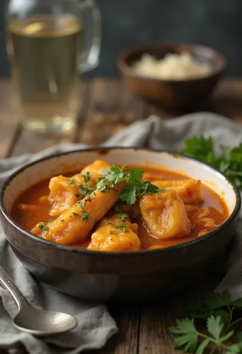 Moqueca tálalva édes-savanyú szósszal, halakkal és kókusztejjel