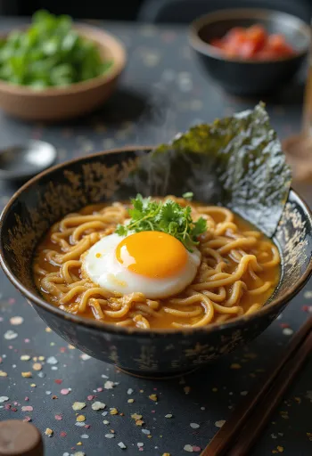 Onsen Tamago Ramen, japán leves, lágy tojással, ramen tésztával, zöldhagymával és más feltétekkel