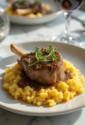 Osso buco rizottóval tálalva, gremolatával megszórva, szaftos borjúcsülök rizottóágyon