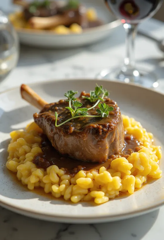 Osso buco rizottóval tálalva, gremolatával megszórva, szaftos borjúcsülök rizottóágyon
