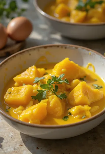Padlizsán curry édesburgonyával tálalva