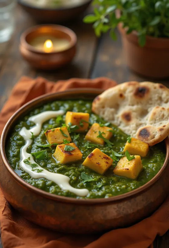 Palak Paneer Garam Masalával, egy indiai étel gazdag spenótos szószban és fűszeres paneer kockákkal