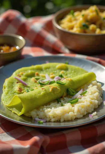 Pesarattu upma frissen, ropogósra sütve, fűszeres upma töltelékkel tálalva