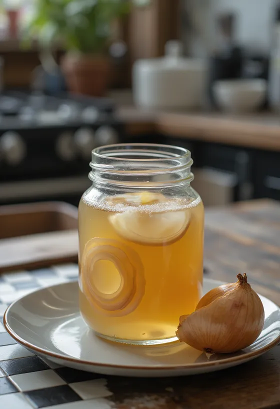 Probiotikus hagymás kombucha poharakban, leszűrt formában tálalva