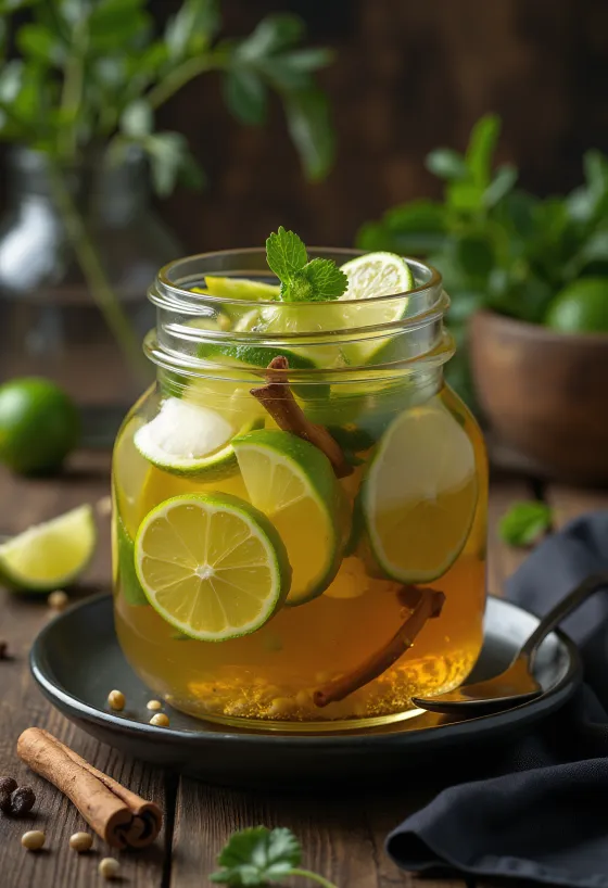 Savanyított lime üvegben tálalva
