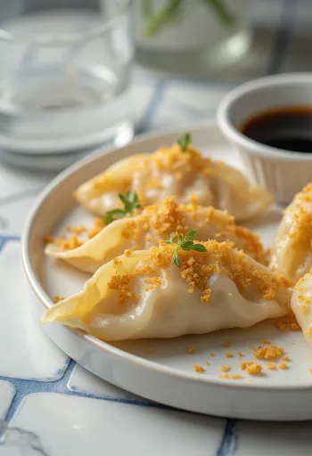 Scallop Gyoza tálalva fésűkagylós töltelékkel és szójaszószos mártogatóval