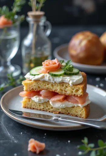 Smörgåstårta szeletelve, friss zöldségekkel és lazaccal díszítve