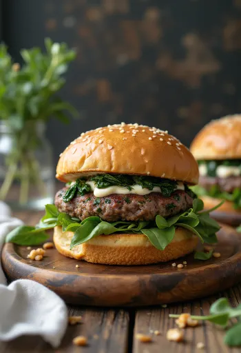 Spenótos-feta sajtos hamburger szaftos húspogácsával és pirított spenóttal