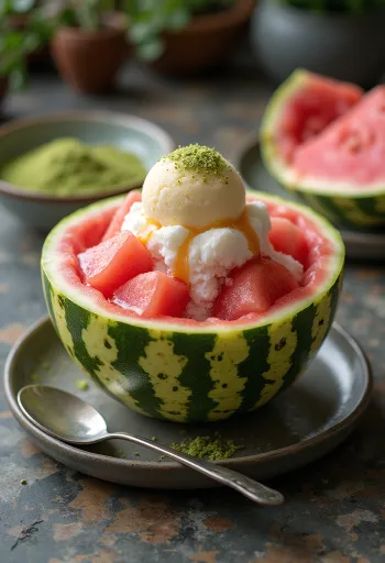 Subak Bingsu frissen tálalva dinnyével és mandulával