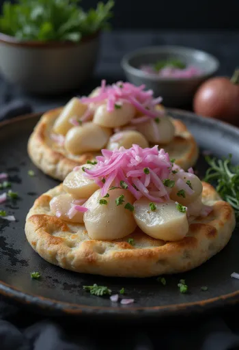 Surströmming vöröshagymával, friss kenyérre tálalva, fűszerezve korianderrel és citromlével
