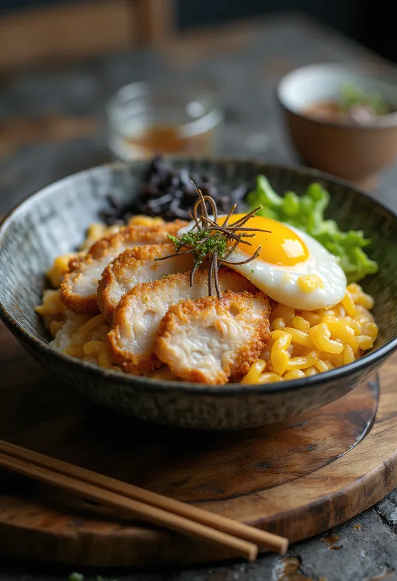 Takuan savanyított retek töltelékű katsudon tálalva, ropogós csirkével és friss zöldségekkel