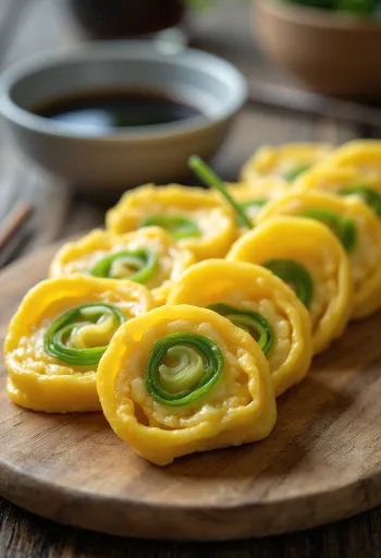 Tamagoyaki újhagymával, szójaszósszal és mirinnel tálalva