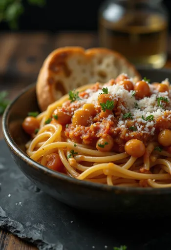 Vegán bolognai tészta friss bazsalikommal tálalva