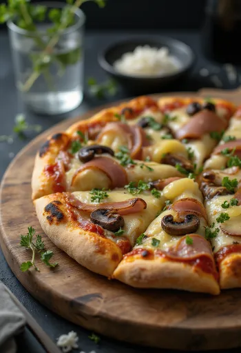 Vegán Capricciosa pizza növényi alternatívákkal tálalva