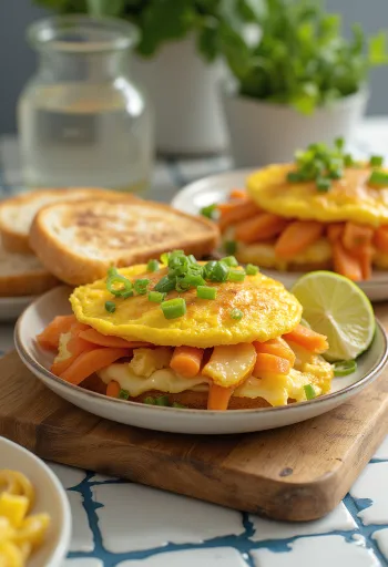 Bánh Mì Trứng rántottás szendvics friss zöldségekkel és korianderrel tálalva.
