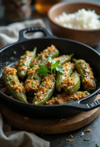 Bharwa bhindi, töltött okra, fűszeres töltelékkel és korianderrel tálalva