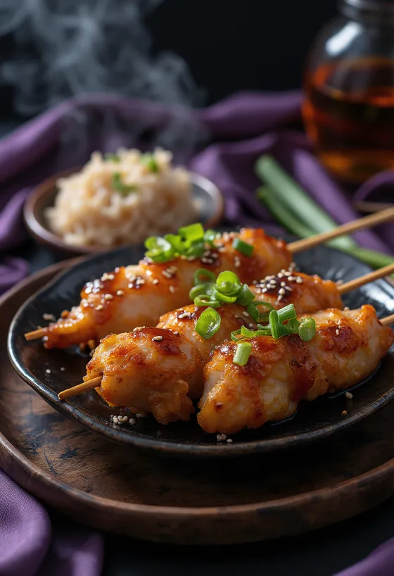 Bonjiri Yakitori csirke farok tálalva, frissen grillezve