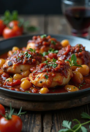 Cacciatore vörösboros paradicsomszósszal, csirkecombokkal és olívabogyóval tálalva