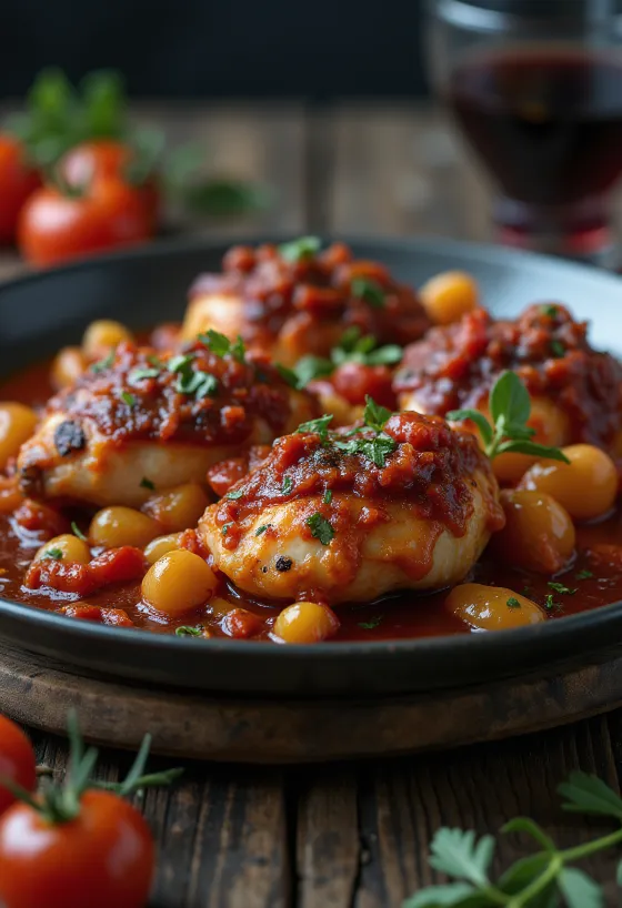 Cacciatore vörösboros paradicsomszósszal, csirkecombokkal és olívabogyóval tálalva