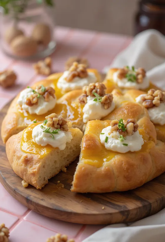 Diókrémes és kecskesajtos focaccia tálalva