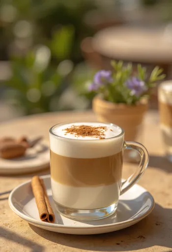 Fahéjas-mentás latte kávéital fahéjrúddal és mentával díszítve