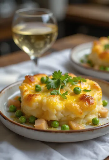 Fish pie füstölt sajttal, aranybarna krémes burgonyával és halas töltelékkel