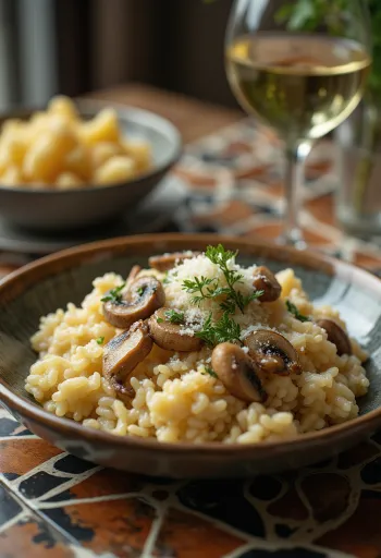 Gombás rizottó friss fűszerekkel és parmezán sajttal tálalva