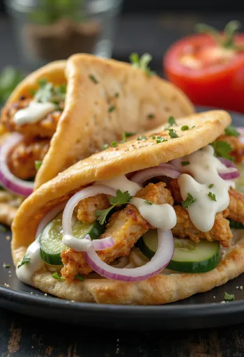 Gyros csirkehússal tálalva