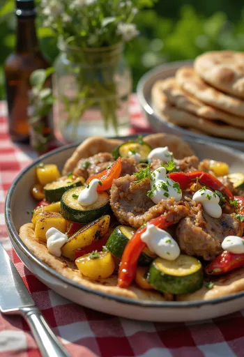 Iskender kebab sült zöldségekkel joghurtos fokhagymás öntettel és pirított pitával tálalva