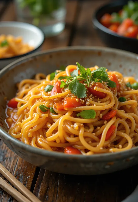 Japchae édes-savanyú szósszal tálalva, édesburgonya tésztával és zöldségekkel
