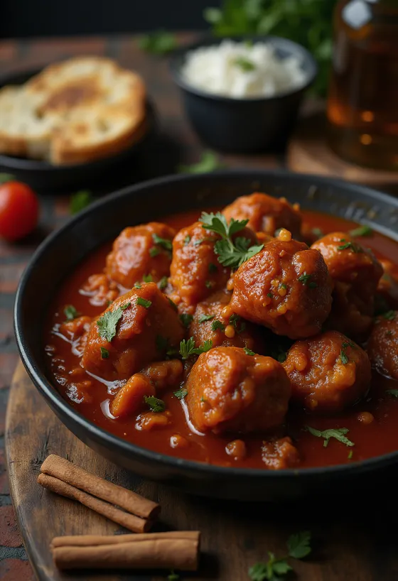 Klasszikus Vindaloo, fűszeres szószban tálalva