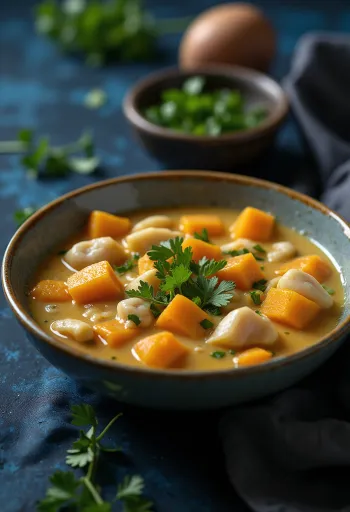 Moqueca tálalva édesburgonyával, halakkal és kókusztejjel