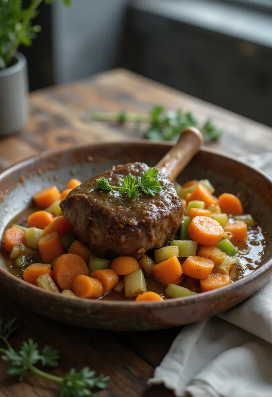 Osso buco sárgarépával és zellerrel, gazdag zöldséges szószban tálalva