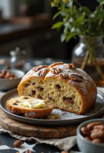 Pekándiós-kardamomos Stollen szeletelve, porcukorral meghintve
