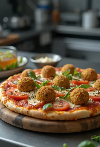 Falafeles pizza sült csicseriborsó golyókkal és tahini öntettel