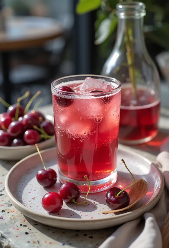 Probiotikus Cseresznye kombucha tálalva friss cseresznyével