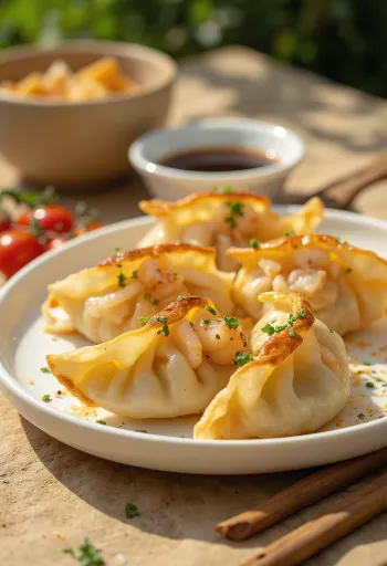 Seafood Gyoza tálalva tengeri töltelékkel és szójaszószos mártogatóval