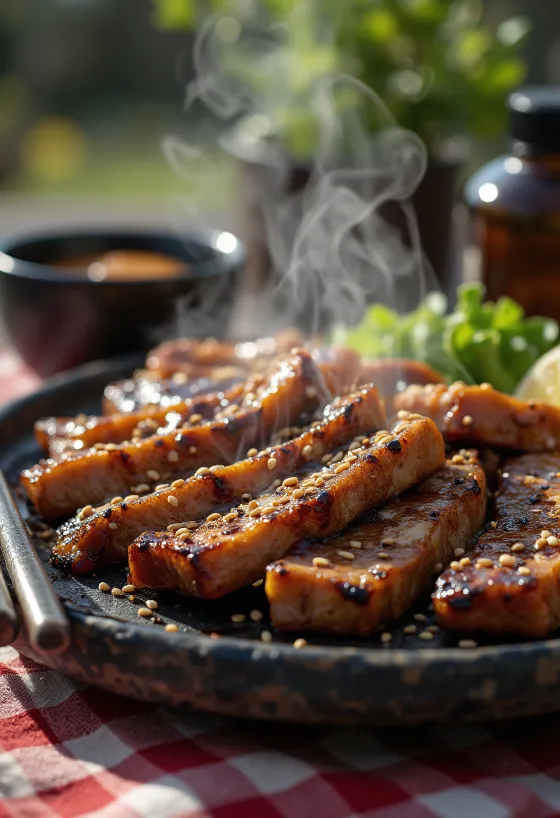 Sült galbi, póréhagymával és szezámmaggal tálalva