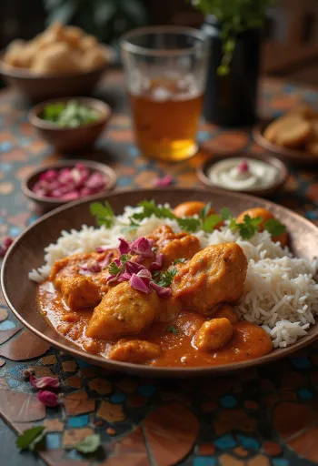 Thali kashmiri változata, csirkehússal és friss fűszerekkel tálalva