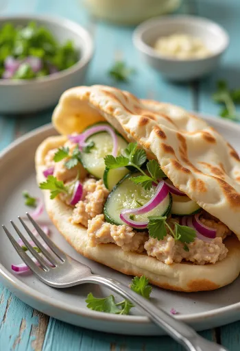 Tonhalas pita friss zöldségekkel és krémes töltelékkel