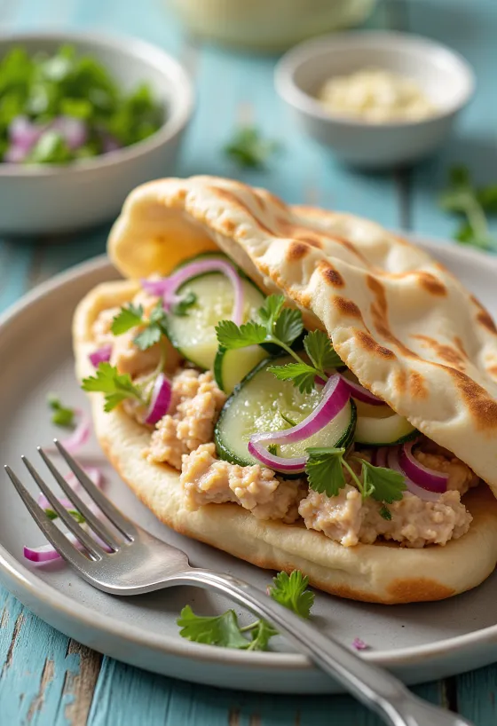 Tonhalas pita friss zöldségekkel és krémes töltelékkel